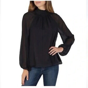 NWT Joie blouse small long sleeved black top sheer overlay smocked button neck